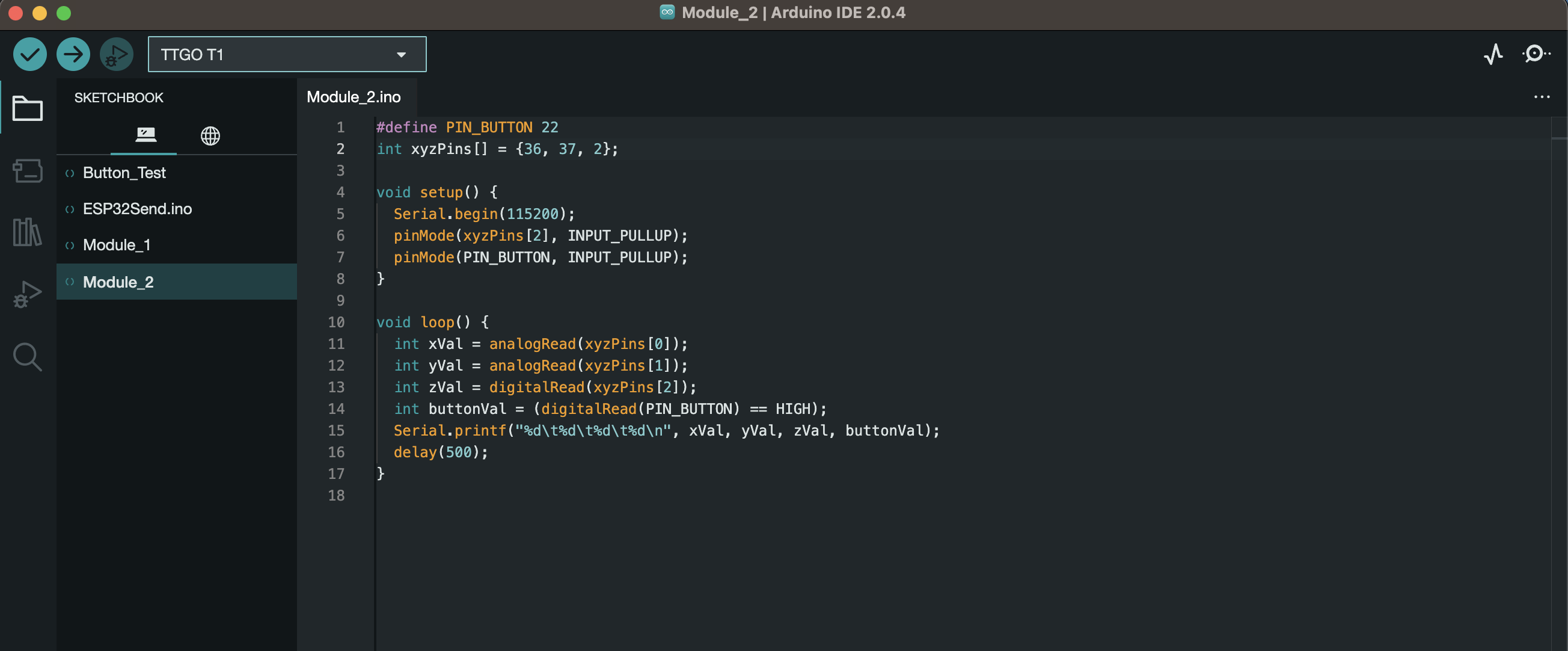 Screenshot of the Arduino IDE with a setup() function that establishes the pin numbers and a loop() function that executes digitalRead() on each pin and then prints all four values read to Serial.