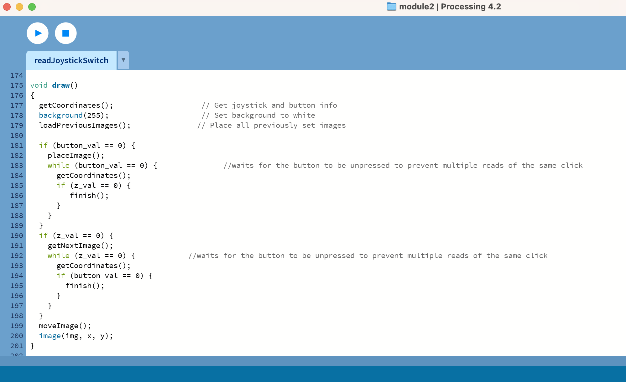 Screenshot of the Processing IDE of the draw() function.