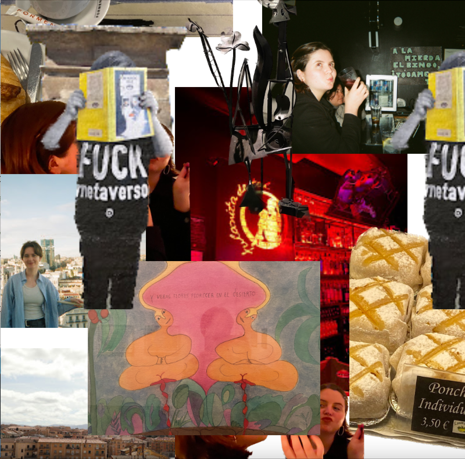 Scrapbook collage image containing pictures of a red bar, pastel colored art, pastries, scenery of buildings, art of a child holding a book and wearing a shirt saying 'Fuck Metaverso', and more.