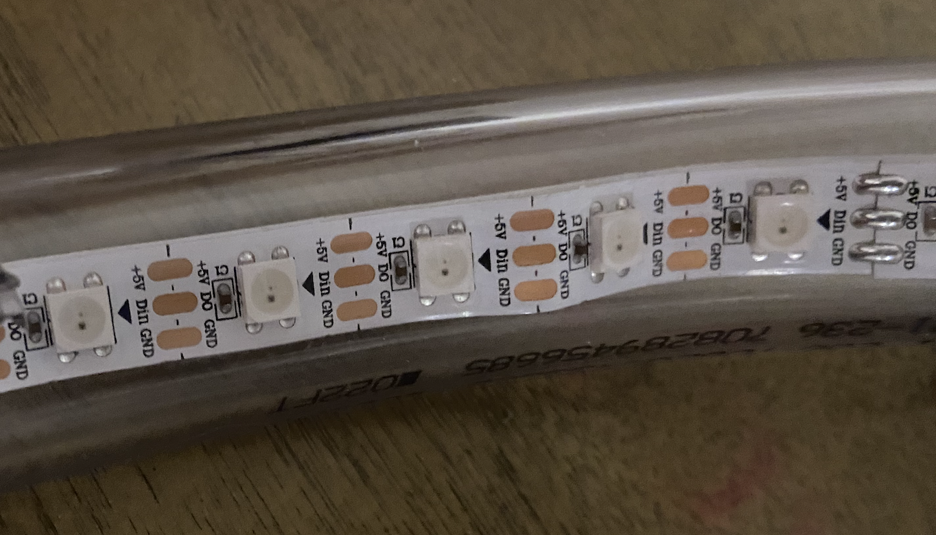 Close-up of the LED strip seen from within plastic tube