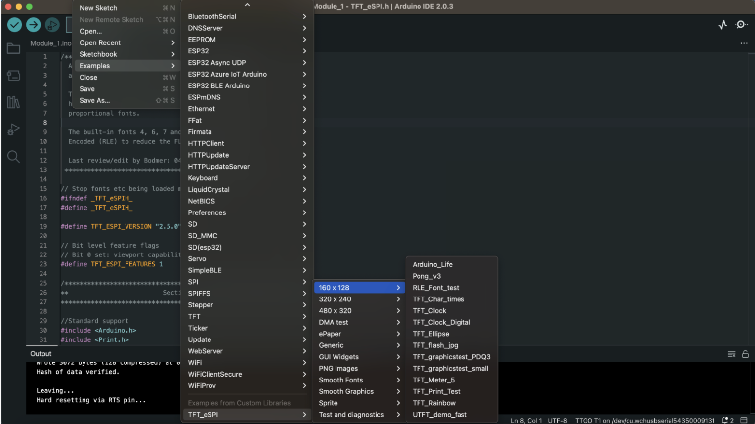 A screenshot of the Arduino IDE displaying the menu in the upper left corner that shows the user naviating to the example code.